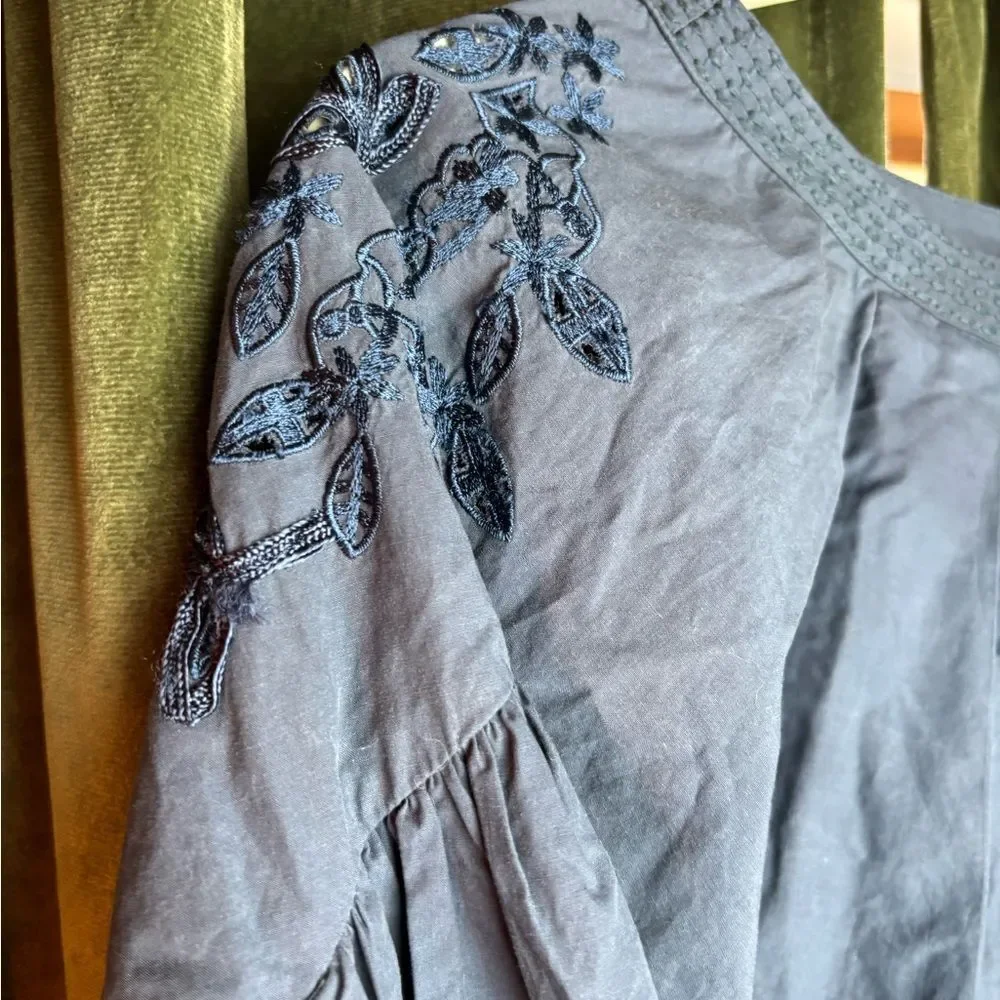 Free People Wishing Well Blouse Navy Blue Embroidered Cut Out Blouse - Picture 4 of 7